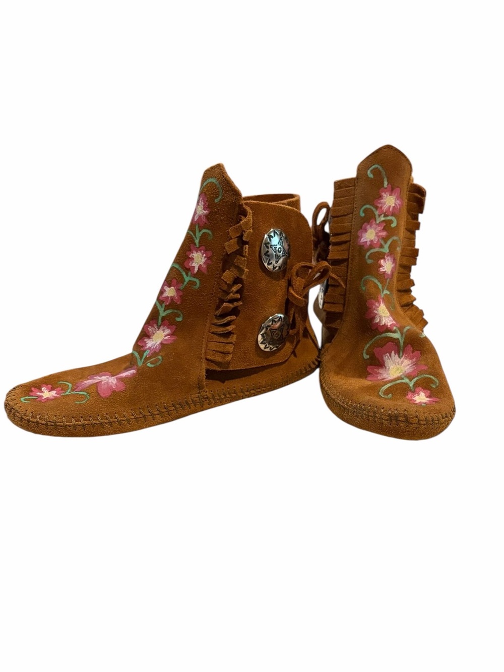 Minnetonka Suede Floral Hand Painted Concho Fringed Softsole Moccasin